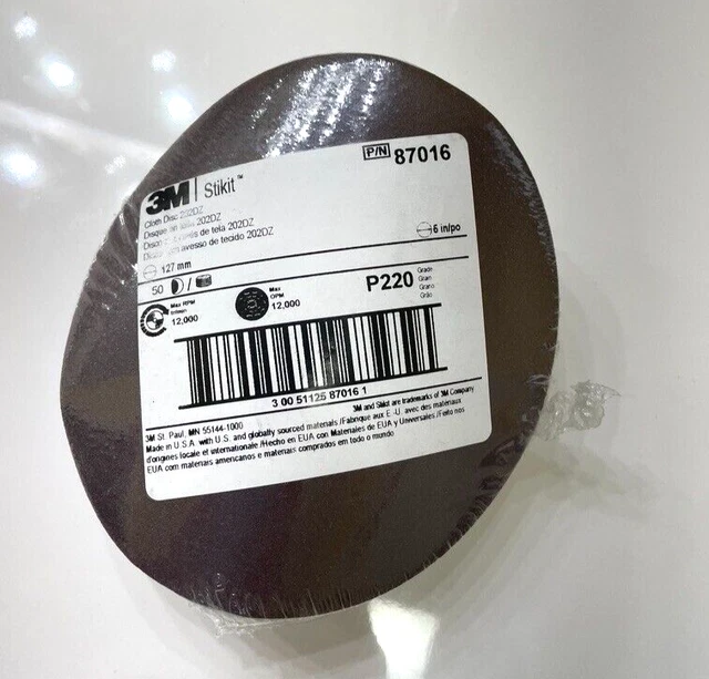 Disc Sandpaper P220 grit 3M Hookit stikit cloth discs 50 sheets 127mm. 5 inch