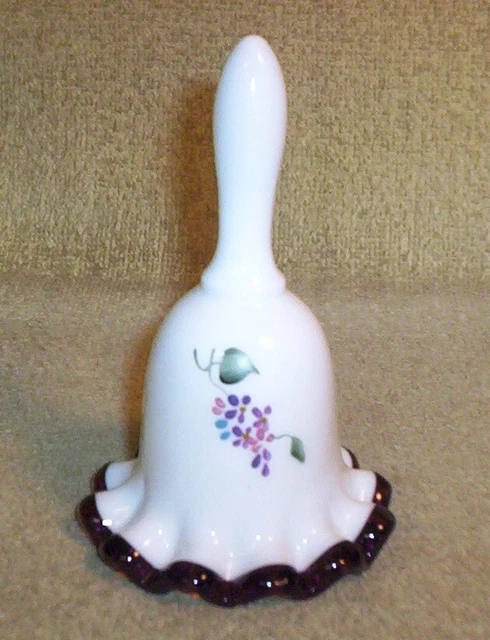 Fenton Silver Crest Signed Milk Glass Bell Handpainted Purple Fluted Edge