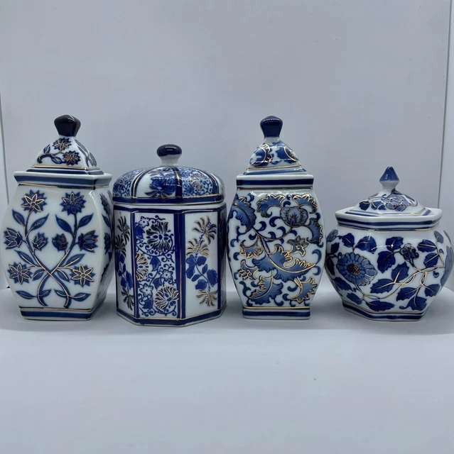 Chinesisch Orientalisch Blau Weißgold Blumenmuster Keramik Ingwer Glas Topf Urne Ornament 2