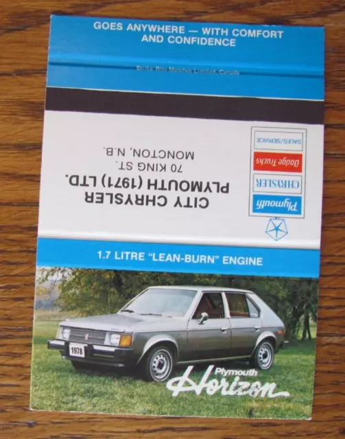 Plymouth Chrysler Car Dealer Matchbook Cover: Moncton, Nb Empty Matchcover -B5