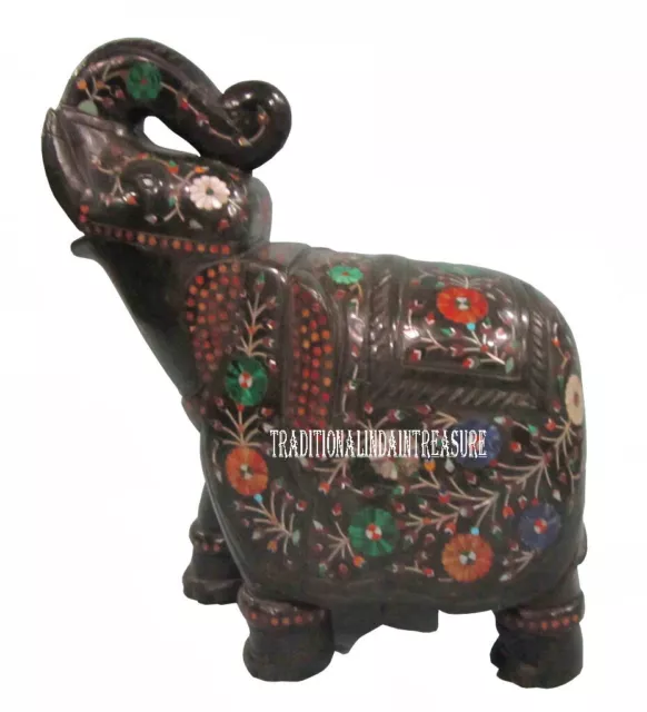 9.5" Black Marble Elephant Sculpture Semi Precious Inlay Pietradure Decor Gifts