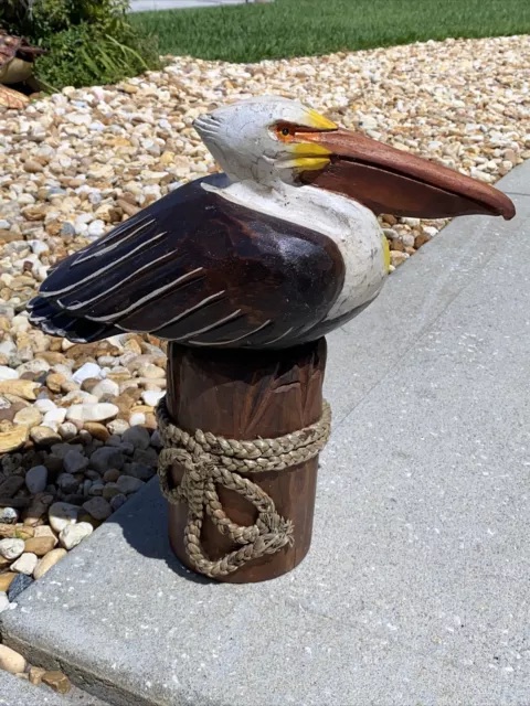 Sleeping Pelican On Piling Carved Wood Tropical Sculpture Bird Decor