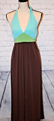 AA STUDIO Women's Halter Maxi Sun Dress Brown/Turquoise Stretchy Size Small