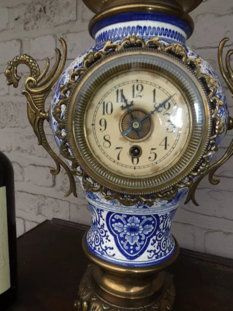 Antique Delft blue white pottery decor Mantel clock dragon handles 2