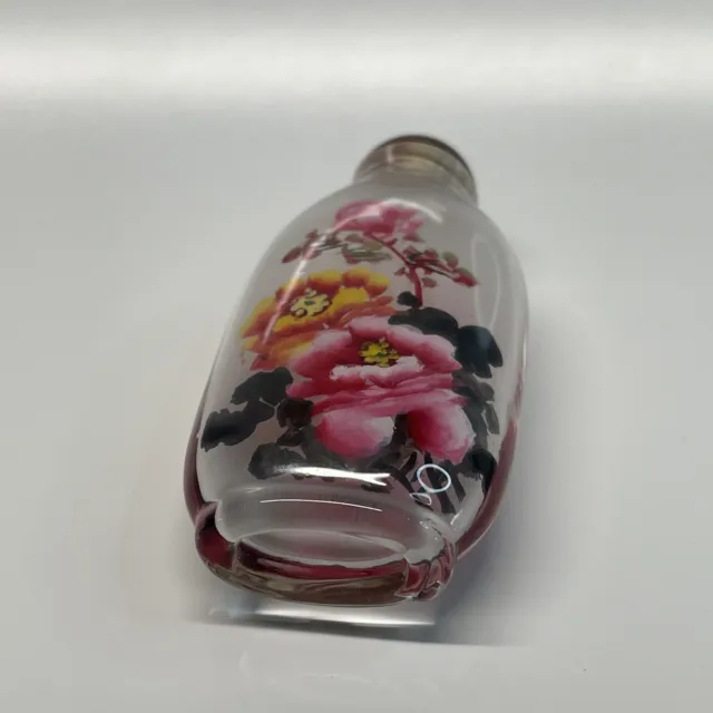 Reverse Painted Snuff Bottle Chinese Antique Delicate Flowers R4 3