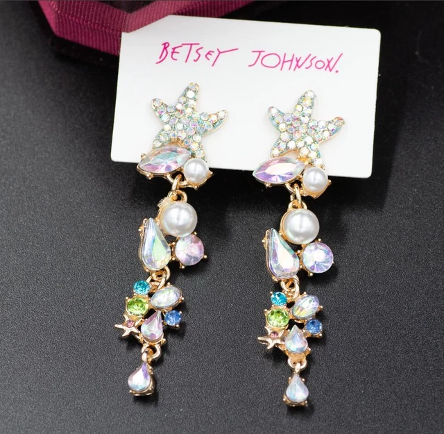 Betsey Johnson colorful Rare Rhinestone Pearl starfish drop earrings Jewelry