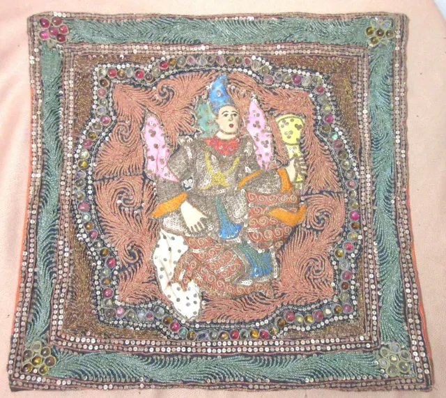 antique 1800's hand embroidered Kalaga Burmese beaded needlepoint tapestry art