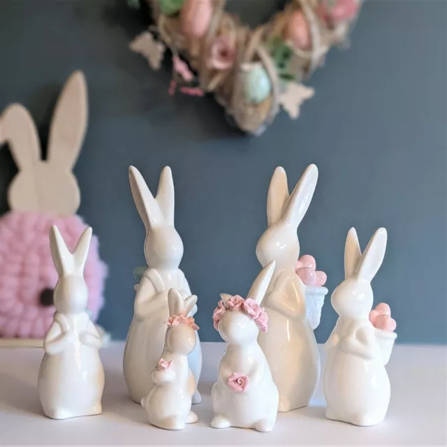 Ceramic Easter Bunny Rabbit Hare Eggs Shelf Sitters Home Decor Rose Ornaments