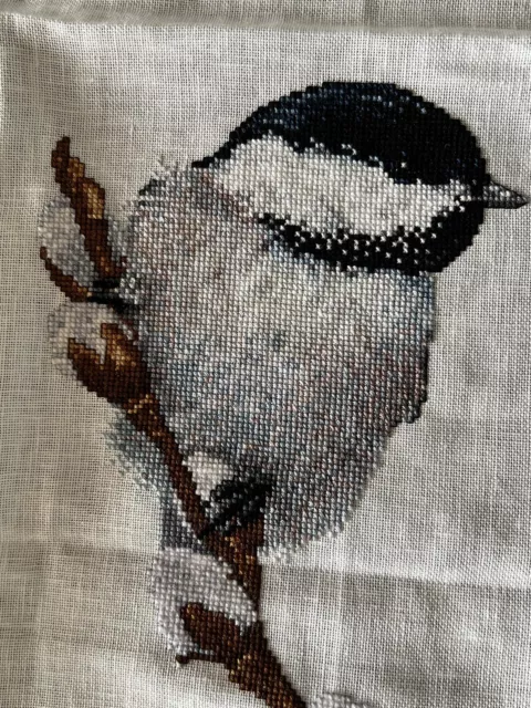 Embroidered Fine Cross-stitched Blue Bird On White Evenweave Linen - Exquisite!