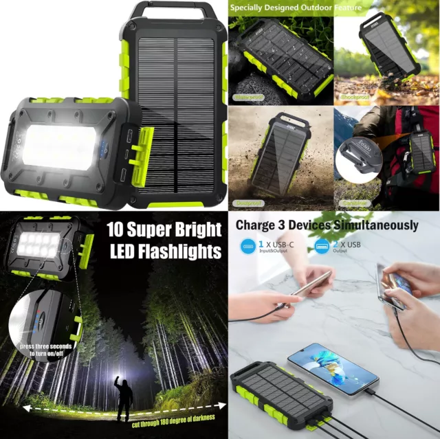 Cargador Solar 20000mAh bateria externa con linterna LED,puertos USB,impermeable