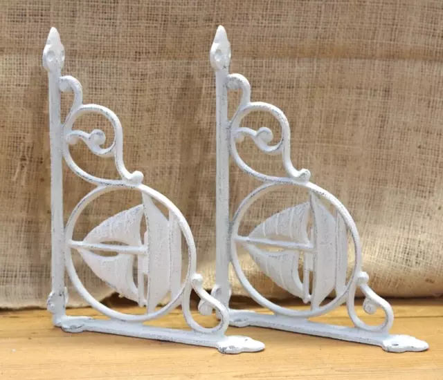 2 Cast Iron White Sail Boat Nautical Brackets Garden Braces Shelf Corbels Nautic