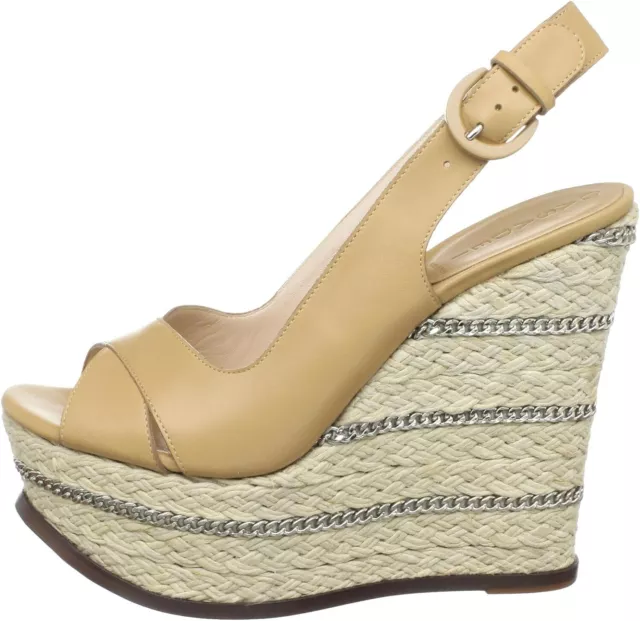 Casadei Women’s Natural Leather Open Toe Chain Wedge Espadrille Slingbacks 10