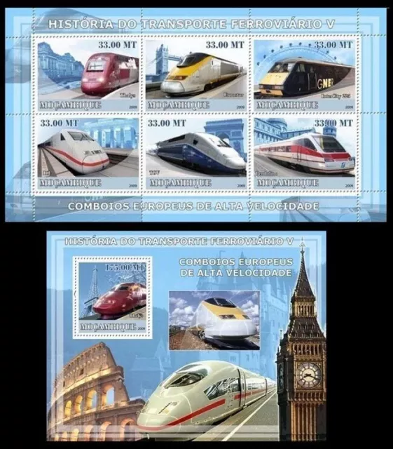 Europ High Speed Train, Euro star London, Railways, Mozambique 2009 MNH SS+MS