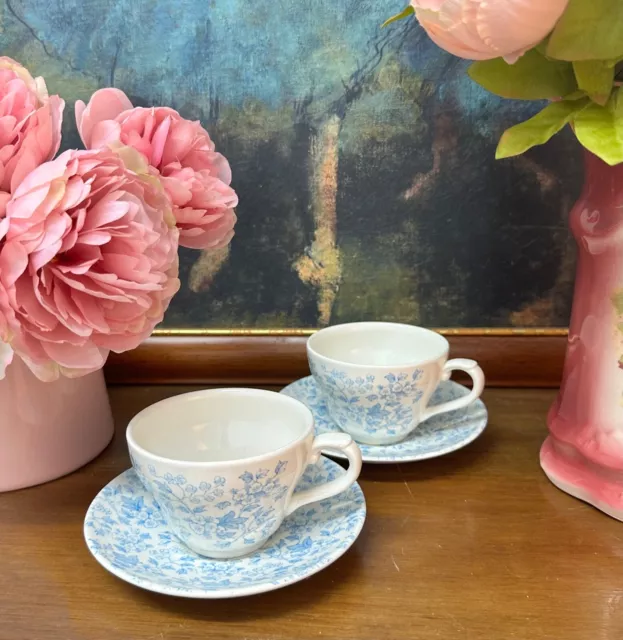 Pretty Vintage Churchill Blue & White Floral Teacup & Saucer Set x 2