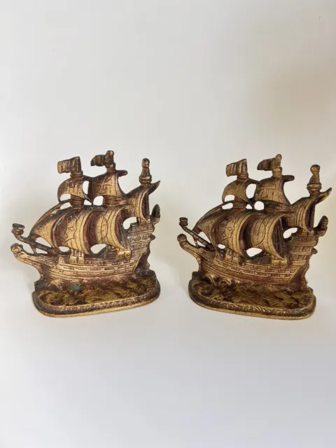 Pair Brass Nautical Old English Sailing Ship Bookends Heavy Vintage 5.15"x5.15"w