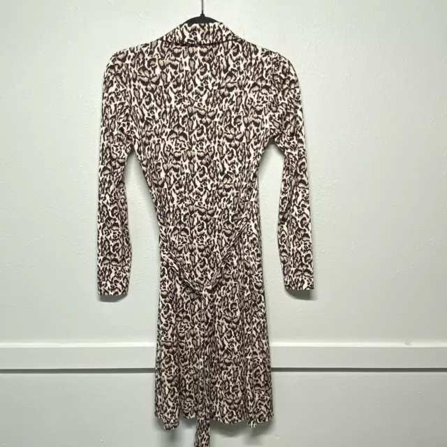 Diane Von Furstenberg 100% Silk Tan Brown Animal Leopard Print Wrap Dress Size 2 3