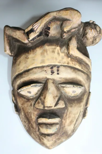 Very Interesting Antique Tribal Hand Carved Wooden Mask w/ Man at Top of Head