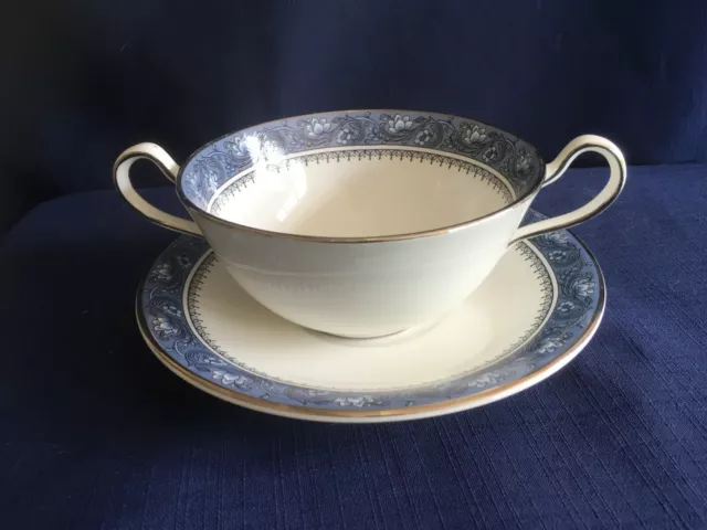 Aynsley Blue Mist soup cup & saucer ( bad join on pattern & minor rim gilt wear)