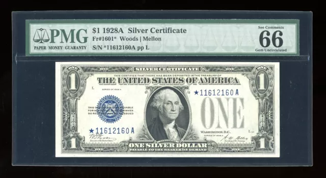 DBR 1928-A $1 Silver Funnyback STAR Gem Fr. 1601* PMG 66 EPQ Serial *11612160A