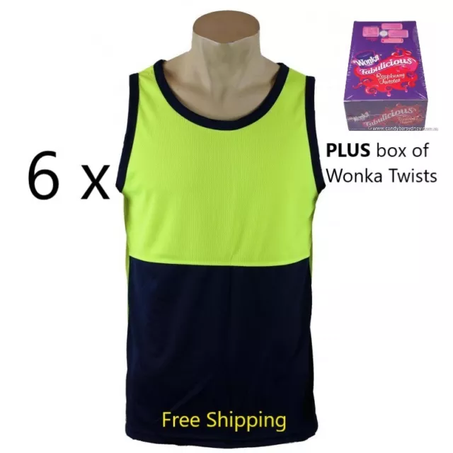 6x Hi Vis Yellow/navy SINGLET Work Wear SAFETY MicroMesh + FREE raspberry Twists