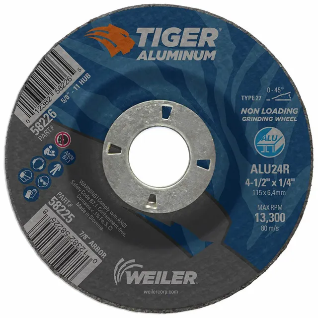 Weiler 58225 GW-4.5 X 1/4 X 7/8 ALU24R T27 Tiger Aluminum Grinding Wheels