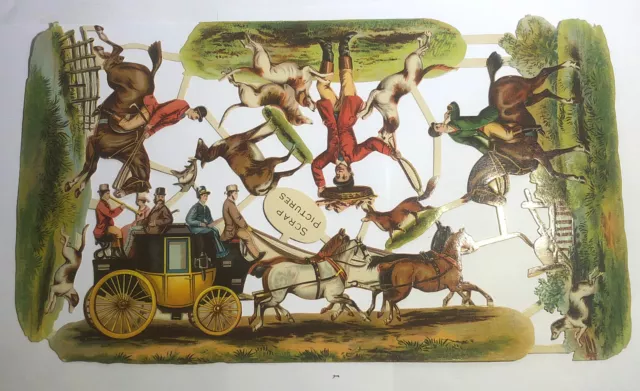 Antique Victorian Uncut Embossed German SCRAP PICTURES Die-Cut ORIG- Fox Hunt