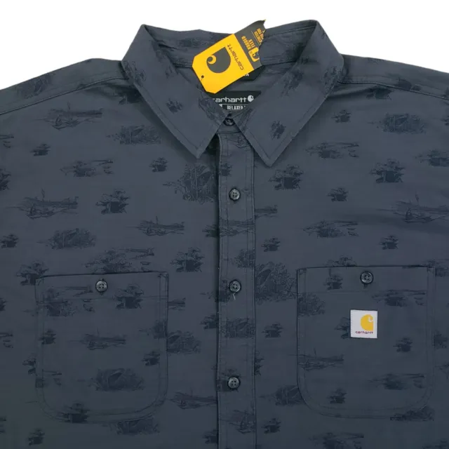 Nwt Carhartt Rugged Flex Button Up Shirt Mens 2Xl Blue Camp Print Short Sleeve