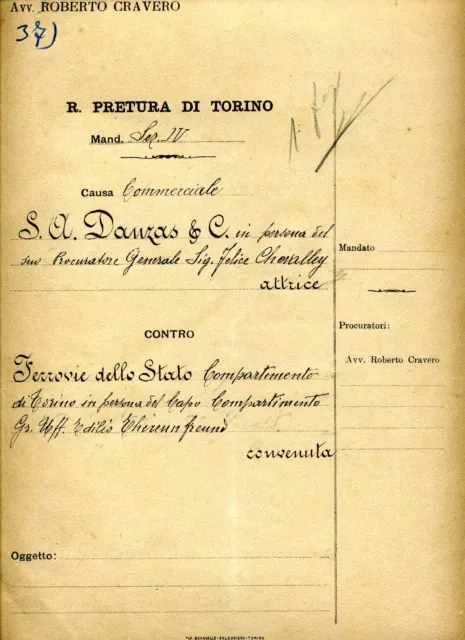 Manoscritto e dattiloscritto - causa regie ferrovie dello stato e Danzas - 1927