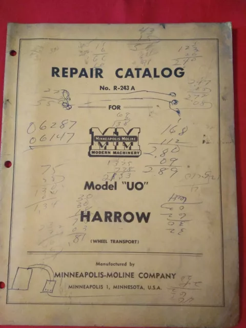 Model UO Harrow Repair Catalog Minnesota  Moline