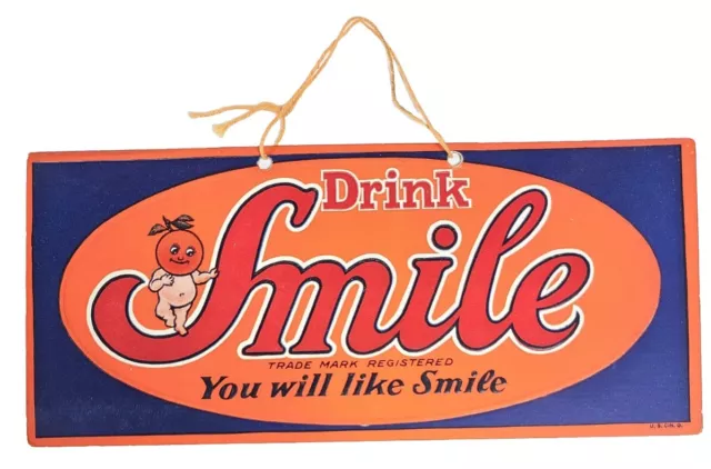 Vintage Advertising Drink Smile Orange Soda Embossed Cardboard Hanging Sign NRMT