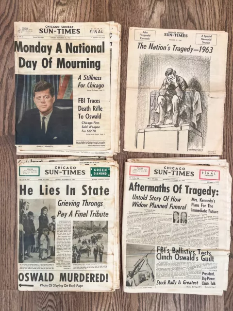 4 Chicago Sun Times Newspapers + Memorial JFK President Kennedy Assassination