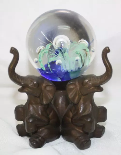 Brass Elephants W/Hand Blown Glass Millefiori Paperweight ~Aa