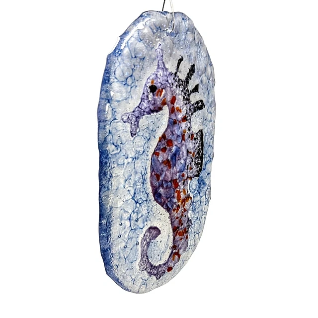 Fused Art Glass Seahorse Ocean Iridescent translucent Blue Sun catcher Ornament