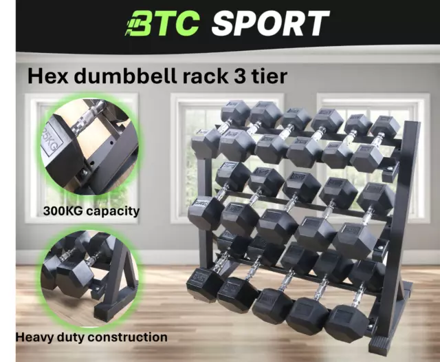 Dumbbell Rack Storage Stand Hex Weight Heavy Duty 3 Tier Wide Home Gym Fitness