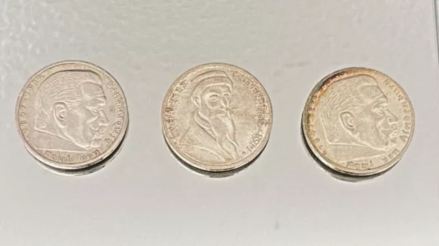 3 German 5 Mark circulated Coins 1937, 1938 & 1968