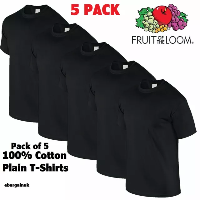 5 Pack Fruit Of The Loom Black Mens Plain Tee Cotton T Shirts Wholesale S-2Xl