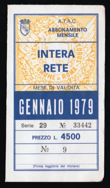 Biglietti Trasporti Urbano Abbonamento Intera Rete Atac Roma Gennaio 1979