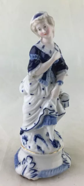 Antique German Porcelain Victorian Woman Figurine Blue/White/Gold