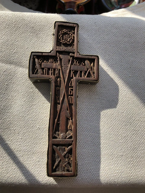 Grande Croix Orthodoxe En Cuivre Et Verroterie 19 Eme