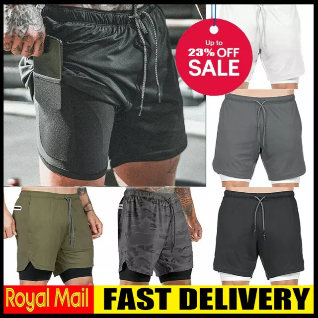 Men's 2 in 1 Sports Running Shorts Gym Training Fitness Bottoms With Pockets UK