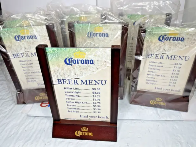 7 - Corona Table Tent Holders "Find Your Beach" Wood Frame - Beer Menu Promo