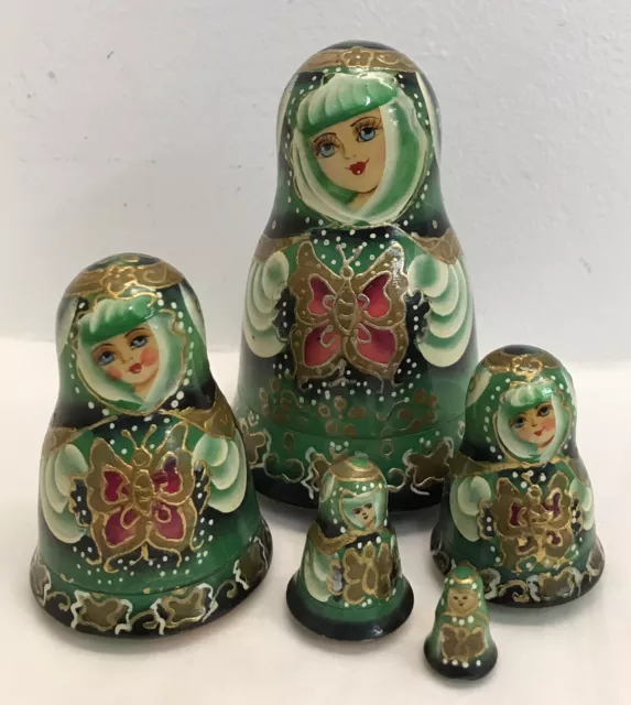 Vintage Set Of 5 ‘Karmen’ Matryoshka Bell Shape Signed Russian Nesting Dolls