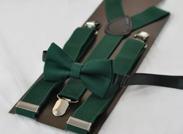 Dark Emerald Hunter Green Bow Tie + Suspenders Braces for Men / Youth / Boy