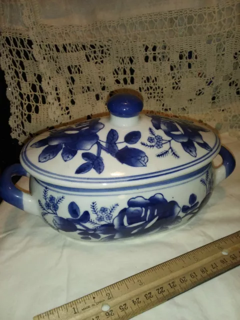 Vintage covered lidded jar bowl dish porcelain delft flow blue white asian
