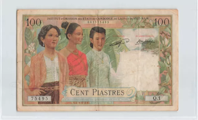 FRENCH INDO CHINA - LAOS 100 Piastres 1954, P-103, Q.1 75495, Pretty Note.  M1
