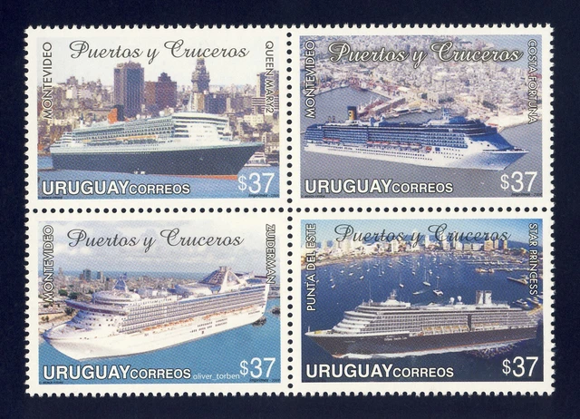 URUGUAY 2954-2957 ** SCHIFFE Queen Mary 2 Häfen Hafen Kreuzfahrtschiffe Seefahrt