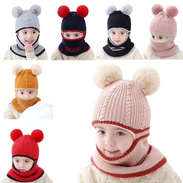 Kids Girls Boys Knitted Cap Toddler Winter Warm Earflap Baby Hat Hooded Scarf
