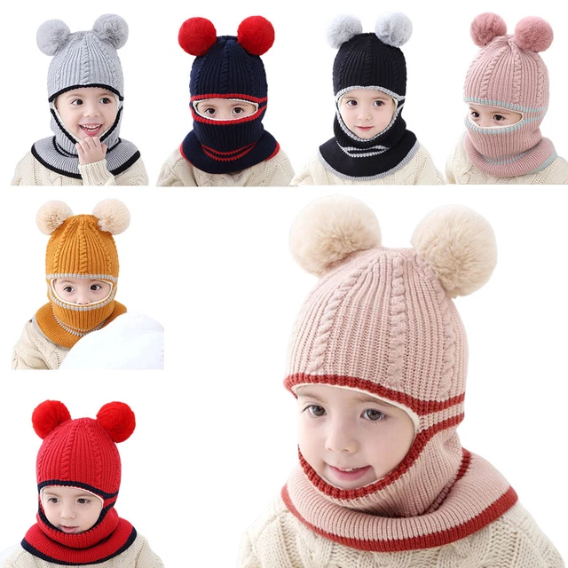 Knitted Cap Kids Girls Boys Toddler Winter Warm Earflap Baby Hat Hooded Scarf UK