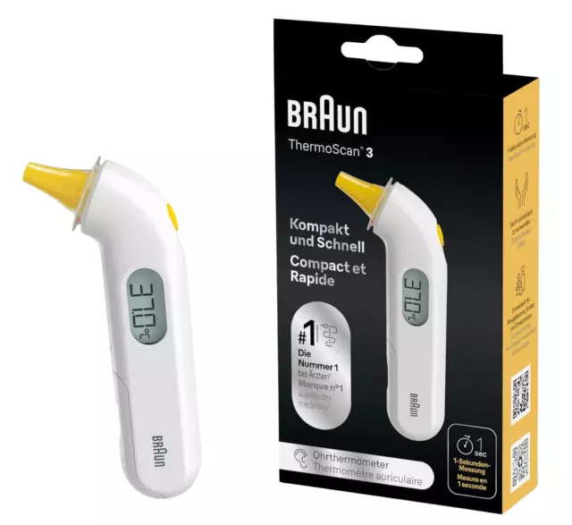 Braun ThermoScan 3 Ohrthermometer Audio Fieberanzeige Digitales Display IRT3030