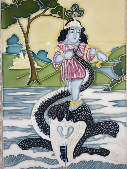 6pc panel x Vintage Majolica Tile KRISHNA DANCING ON SNAKE HEAD Japan 2